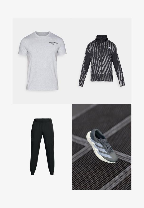 Lightweight black jacket featuring a geometric white pattern. Includes a high collar, full zip front, and long sleeves.; Light gray cotton t-shirt featuring short sleeves and a crew neckline. Black logo printed on the upper left chest area.; Black athletic pants with an elastic waistband, tapered leg design, side pockets, and contrasting panel details. Lightweight, smooth fabric.; Sport shoe in gray and white, made of synthetic material, with a streamlined design, textured finish, and prominent lacing system.