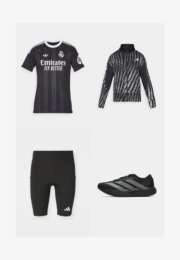 Viegls melns jaka ar ģeometrisku baltu rakstu. Iekļauj augstu apkakli, pilnu rāvējslēdzēju priekšpusi un garas piedurknes.; Melna Real Madrid futbola krekls ar baltu apkakli, Adidas un komandas simboli, sponsoru teksts Emirates Fly Better, kā arī HP logo uz piedurknes.; Melnas sporta bikses ar pieguļošu dizainu, izgatavotas no stiepļu auduma. Tām ir trīs kabatas un balts Adidas logotips apakšstilbā.; Melni sporta apavi ar vieglu dizainu, ar trim izteiksmīgiem pelēkiem svītrām, gludu virsmu un kontūrveida zoli.