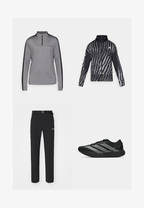 Leichte schwarze Jacke mit einem geometrischen weißen Muster. Enthält einen hohen Kragen, einen durchgehenden Reißverschluss und lange Ärmel.; Grauer langärmeliger Sportoberteil mit halbseitigem Reißverschluss-Kragen, schwarzen Akzenten an den Seiten und "HUMMEL"-Logo auf der Brust. Glattes, leichtes Material.; Schwarze Outdoor-Hosen aus glattem Stoff, mit seitlichen Reißverschlusstaschen, verstärkten Kniepartien und einem verstellbaren Bund mit Schnalle.; Schwarze Sportschuhe mit einem leichten Design, ausgestattet mit drei auffälligen grauen Streifen, einer glatten Textur und einer konturierten Sohle.