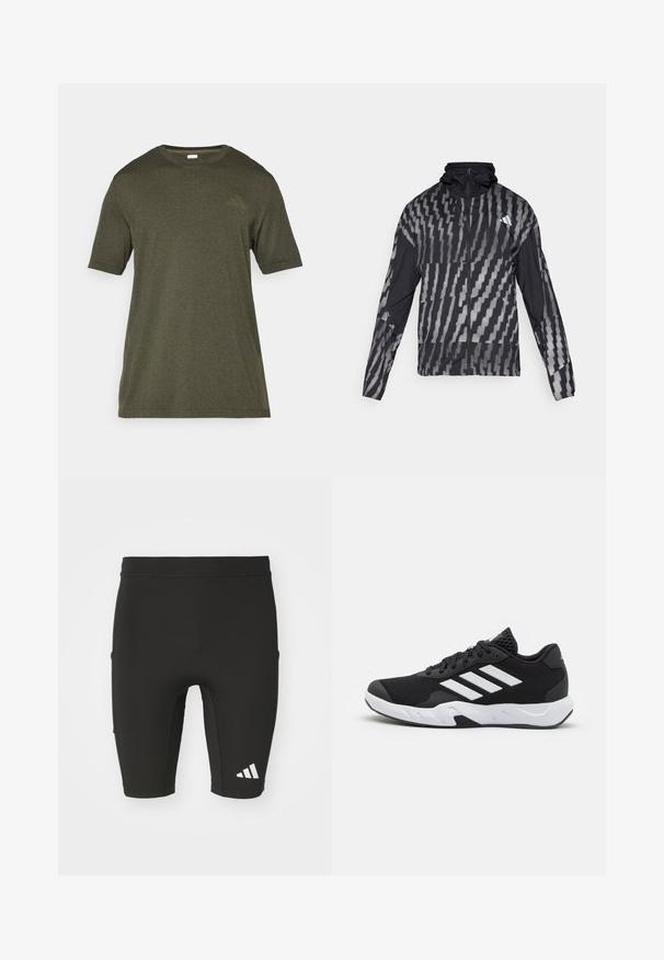 Lett svart jakke med et geometrisk hvitt mønster. Har høy krage, hel glidelås foran og lange ermer.; Oliven grønn kortermet T-skjorte laget av myk, teksturert stoff med rund hals; har et subtilt logo på brystet.; Sorte treningshorts med en tettsittende design, laget av elastisk stoff. Har tre lommer og en hvit Adidas-logo på nederste del av benet.; Sorte joggesko med teksturert mesh-overdel, hvite aksentstriper, en polstret såle og en forsterket hæl for støtte.