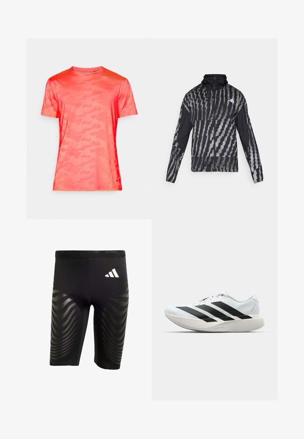 Giacca nera leggera con un motivo geometrico bianco. Include un colletto alto, zip frontale completa e maniche lunghe.; T-shirt a maniche corte con motivo camouflage in un vivace corallo. Realizzato in tessuto leggero con una texture morbida e scollo rotondo.; Shorts sportivi neri con una vestibilità elasticizzata, caratterizzati da un motivo a onde lucido sui lati e un logo bianco sulla vita.; Scarpe da corsa leggere di colore azzurro pallido con strisce nere. Presentano una tomaia liscia, punta rotonda e un'ampia intersuola bianca etichettata "LIGHTSTRIKE PRO."