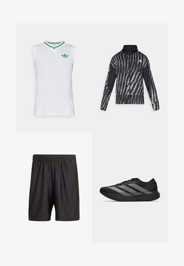 Lehká černá bunda s geometrickým bílým vzorem. Obsahuje vysoký límec, celoplošný zip a dlouhé rukávy.; Bezramenný bílý sportovní top s výstřihem do V, zelenými akcenty na límci a malým zeleným logem na hrudi. Mřížková textura pro prodyšnost.; Černé kraťasy s elastickým pasem, s vertikálními pruhy a lehkým, texturovaným materiálem. Délka do poloviny stehna.; Černé sportovní boty s lehkou konstrukcí, se třemi výraznými šedými pruhy, hladkým povrchem a tvarovanou podrážkou.