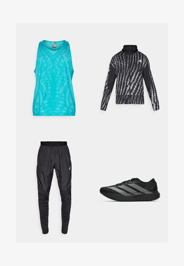 Lightweight black jacket featuring a geometric white pattern. Includes a high collar, full zip front, and long sleeves.; Lightweight turquoise tank top with a v-neck design, featuring a textured pattern of perforations and contrasting logo detail.; Black athletic pants with a stretchy waistband, side pockets, and contrasting texture panels on the legs. Asics logo on the hip.; Black athletic shoes with a lightweight design, featuring three prominent gray stripes, a smooth texture, and a contoured sole.