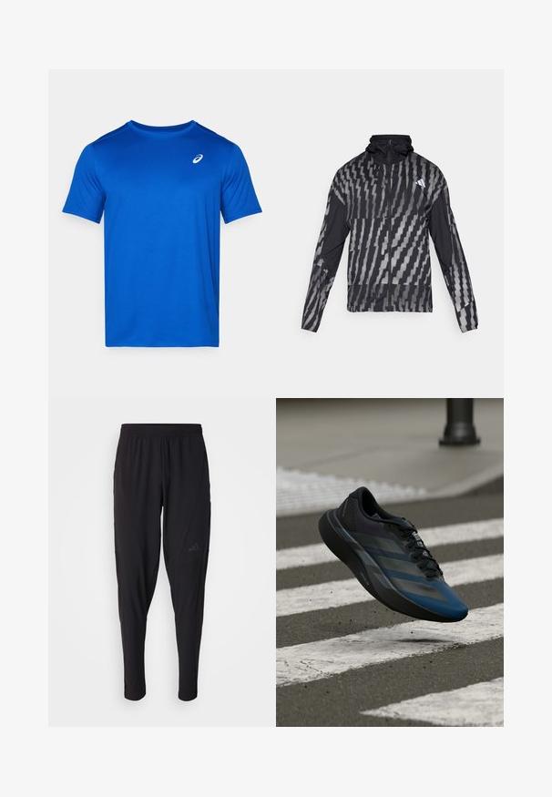 Lagani crni jakna s geometrijskim bijelim uzorkom. Ima visoki ovratnik, puni zip sprijeda i dugačke rukave.; Plava majica s kratkim rukavima izrađena od lagane tkanine. Ima okrugli izrez i mali bijeli logo na prsima. Glatka tekstura.; Crne sportske hlače s elastičnim pojasom, suženim dizajnom, bočnim džepovima i suptilnim logotipom. Izrađene od fleksibilne, prozračne tkanine.; Crna i plava sportska cipela sa zakrivljenim dizajnom, teksturiranom gornjom stranom, kontrastnim prugama i jastučićem u potplatu, lebdi iznad pločnika.