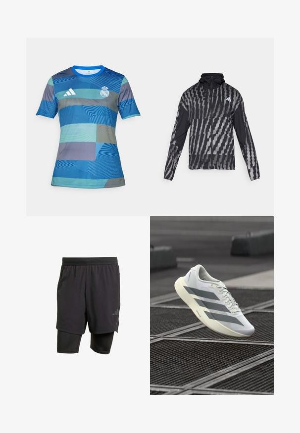 Casaco preto leve com um padrão geométrico branco. Inclui colarinho alto, fecho éclair frontal completo e mangas longas.; Camisa de futebol azul com um padrão geométrico em vários tons de azul e verde, mangas curtas, gola redonda e logótipo da Adidas.; Calções atléticos pretos com camada interior integrada, feitos de tecido respirável. Apresentam um logotipo subtil e textura estruturada. Cintura ajustável.; Sapatilha desportiva branca com parte superior em malha texturizada, apresentando riscas cinzentas e sola acolchoada. Design leve adequado para corrida.