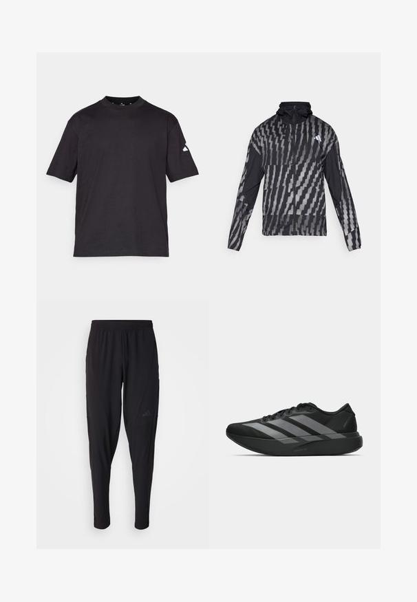 Lengvas juodas švarkas su geometriniu baltu raštu. Su aukšta apykakle, pilnu užtrauktuku ir ilgomis rankovėmis.; Juodas trumpomis rankovėmis marškinėliai iš minkštos medvilnės. Yra apvalus kaklas ir mažas baltas trikampis logo kairiajame rankovėje.; Juodos sportinės kelnės su elastinga juosmeniu, siaurėjantis dizainas, šoninės kišenės ir subtilus logotipo detalė. Pagamintos iš lankstaus, kvėpuojančio audinio.; Juodos sportinės avalynės, lengvos konstrukcijos, su trimis aiškiomis pilkomis juostomis, lygiu paviršiumi ir kontūrine padu.