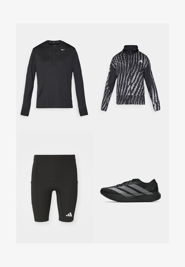 Lett svart jakke med et geometrisk hvitt mønster. Har høy krage, hel glidelås foran og lange ermer.; Langermet treningsskjorte i svart med halv-zip hals og en liten hvit logo på brystet. Laget av glatt, lett materiale.; Sorte treningshorts med en tettsittende design, laget av elastisk stoff. Har tre lommer og en hvit Adidas-logo på nederste del av benet.; Sorte svarte treningssko med lett design, med tre fremtredende grå striper, en glatt tekstur og en formet såle.