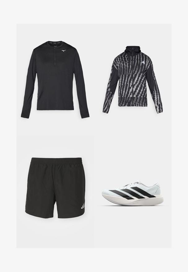 Lettet sort jakke med et geometrisk hvidt mønster. Inkluderer en høj krave, fuld lynlås fortil og lange ærmer.; Langærmet atletisk skjorte i sort, med en halv-zip hals og et lille hvidt logo på brystet. Lavet af glat, letvægtsstof.; Sorte atletiske shorts med elastisk talje, sideskår og reflekslogo detajler. Fremstillet af letvægts, glat stof.; Letvægtige løbesko i lys blå med sorte striber. Har en glat overdel, rund tå og tyk hvid mellemsål mærket "LIGHTSTRIKE PRO."