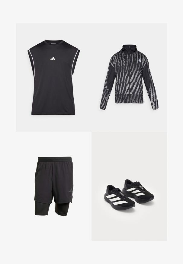 Jachetă neagră ușoară cu un model geometric alb. Include un guler înalt, fermoar pe toată lungimea din față și mâneci lungi.; Tricou sportiv negru fără mâneci, cu guler rotund, logo Adidas alb pe piept și linii accent albe pe umeri. Textură de material neted.; Shorts atletici negri cu strat interior integrat, realizați dintr-un material respirabil. Au un logo subtil și o textură structurată. Talie reglabilă.; O pereche de pantofi de alergare Adidas Adizero negri, cu dungi și șireturi albe, pe un fundal alb, poziționați unul lângă altul.