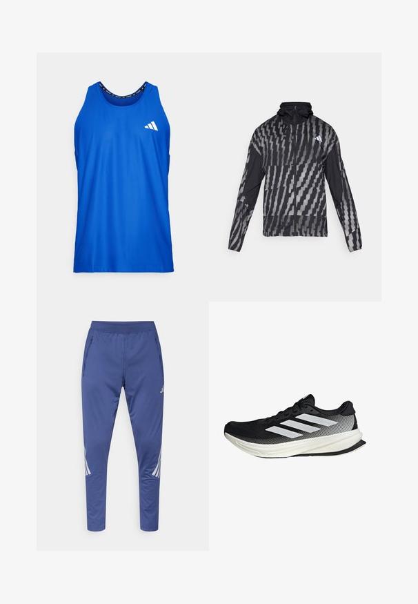 Lightweight black jacket featuring a geometric white pattern. Includes a high collar, full zip front, and long sleeves.; Blue tank top made of lightweight, breathable fabric. Features a round neckline, sleeveless design, and a white logo on the chest.; Blue athletic pants with a stretchy waistband, side zip pockets, and white diagonal stripes on the sides. Made from a smooth, lightweight material.; Black athletic shoe with a mesh design, featuring white stripes, a rounded toe, and a textured sole for grip and support.