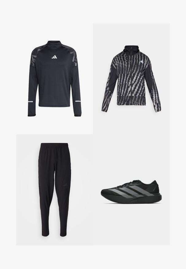 Leichte schwarze Jacke mit einem geometrischen weißen Muster. Enthält einen hohen Kragen, einen durchgehenden Reißverschluss und lange Ärmel.; Schwarzes langärmliges Sportshirt mit strukturierter Oberfläche, hohem Kragen, reflektierenden Akzenten sowie einem weißen Logo auf der Brust und den Ärmeln.; Schwarze Sporthosen mit elastischem Bund, tailliertem Design, Seitentaschen und dezenten Logo-Details. Hergestellt aus flexiblem, atmungsaktivem Material.; Schwarze Sportschuhe mit einem leichten Design, ausgestattet mit drei auffälligen grauen Streifen, einer glatten Textur und einer konturierten Sohle.