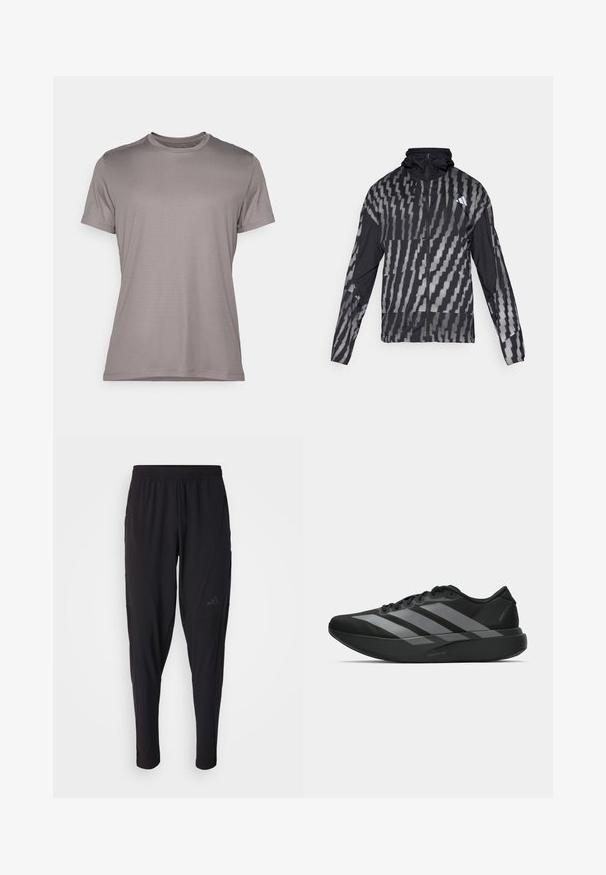 Lett svart jakke med et geometrisk hvitt mønster. Har høy krage, hel glidelås foran og lange ermer.; Grå kortermet t-skjorte laget av teksturert stoff med rund hals og en subtil logoaksent på ermene. Enkelt og rent design.; Svarte treningsbukser med elastisk midje, smal design, sidelommer og subtil logo. Laget av fleksibelt, pustende stoff.; Sorte svarte treningssko med lett design, med tre fremtredende grå striper, en glatt tekstur og en formet såle.