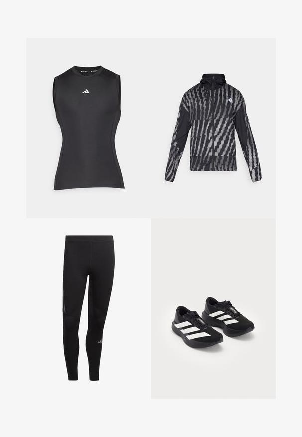 Lett svart jakke med et geometrisk hvitt mønster. Har høy krage, hel glidelås foran og lange ermer.; Svart ermeløs treningsgenser laget av elastisk stoff. Har en rund halslinning og en liten hvit logo på brystet. Glatt tekstur.; Sorte treningsleggings laget av elastisk materiale, med høy livvidde, reflekterende detaljer og en logo nær ankelen. Glatt tekstur.; Par med svarte Adidas Adizero løpesko med hvite striper og lisser på hvit bakgrunn, plassert ved siden av hverandre.