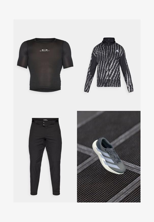 Ľahká čierna bunda s geometrickým bielym vzorom. Obsahuje vysoký golier, plný zips na prednej strane a dlhé rukávy.; Čierny krátky rukáv športový top vyrobený z sieťoviny. Má okrúhly výstrih a biele logo "Oakley" na prednej strane.; Čierne vonkajšie nohavice vyrobené z ľahkého materiálu. K dispozícii s priliehavým strihom, dvoma gombíkmi v páse a prednými vreckami. Hladká textúra.; Športová obuv v šedej a bielej farbe, vyrobená z umelých materiálov, s aerodynamickým dizajnom, textúrovaným povrchom a výrazným šnurovacím systémom.