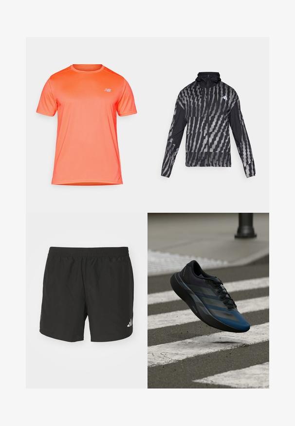 Viegls melns jaka ar ģeometrisku baltu rakstu. Iekļauj augstu apkakli, pilnu rāvējslēdzēju priekšpusi un garas piedurknes.; Īsām piedurknēm sporta T-krekls spilgti oranžā audumā, ar vieglu ribotu tekstūru un mazu balto logotipu kreisajā krūtīs.; Melnas sporta bikses ar elastīgu jostu, sānu šķeltnēm un atstarojošiem logo akcentiem. Izgatavotas no viegla, gluda auduma.; Melns un zils sporta apavu ar aerodinamisku dizainu, tam ir teksturēta virsma, kontrastējošas svītras un amortizējoša zolīte, kas peld virs ietves.