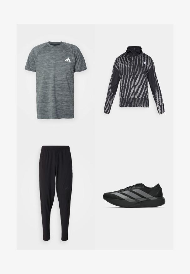 Chaqueta negra ligera con un patrón geométrico blanco. Incluye un alto cuello, cierre frontal completo y mangas largas.; Camiseta atlética gris con un diseño texturizado y jaspeado. Presenta mangas cortas, costuras de hombro raglán y un acento de logo blanco.; Pantalones deportivos negros con cintura elástica, diseño ajustado, bolsillos laterales y un discreto detalle de logo. Fabricados con un material flexible y transpirable.; Zapatillas deportivas negras con un diseño ligero, que presentan tres franjas grises prominentes, una textura suave y una suela contorneada.