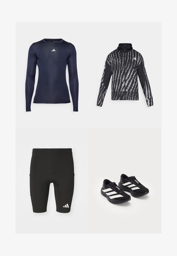 Kevyt musta takki, jossa on geometrinen valkoinen kuvio. Sisältää korkean kauluksen, täyden vetoketjun edessä ja pitkät hihat.; Laivaston sininen urheilupaita pitkällä hihalla, joka on valmistettu sileästä, joustavasta kankaasta. Ominaisuuksiin kuuluu pyöreä kaula-aukko ja pieni valkoinen logo rinnassa.; Mustat urheilushortsit, joissa on tiukka malli ja jotka on valmistettu venyvästä kankaasta. Ominaisuuksiin kuuluu kolme taskua ja valkoinen Adidas-logo alhaalla jalassa.; Mustat Adidas Adizero -juoksukengät valkoisilla raidoilla ja nauhoilla valkoista taustaa vasten, aseteltuna vierekkäin.