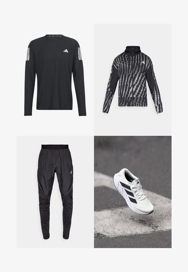 Kerge must jakk, millel on geomeetriline valge muster. Sisaldab kõrget kaelust, täispikkuse visiiri ning pikki varrukaid.; Must be kergest värvitud pikkade varrukatega särk, mis on valmistatud kerge kanga, ümaral kaelusel, tekstuurse pinnaga ja valge kolme triibuga logoga varrukatel.; Mustavad sportlikud püksid veniva vöökohaga, küljetaskud ja kontrastsed tekstuuripaneelid jalgadel. Asicsi logo puusal.; Valge spordijalats tekstuurse võrgu pealmise osaga, mustade triipudega, nööriga kinnitamine ja pehmendatud tallaga, levib märgitud teepinna kohal.