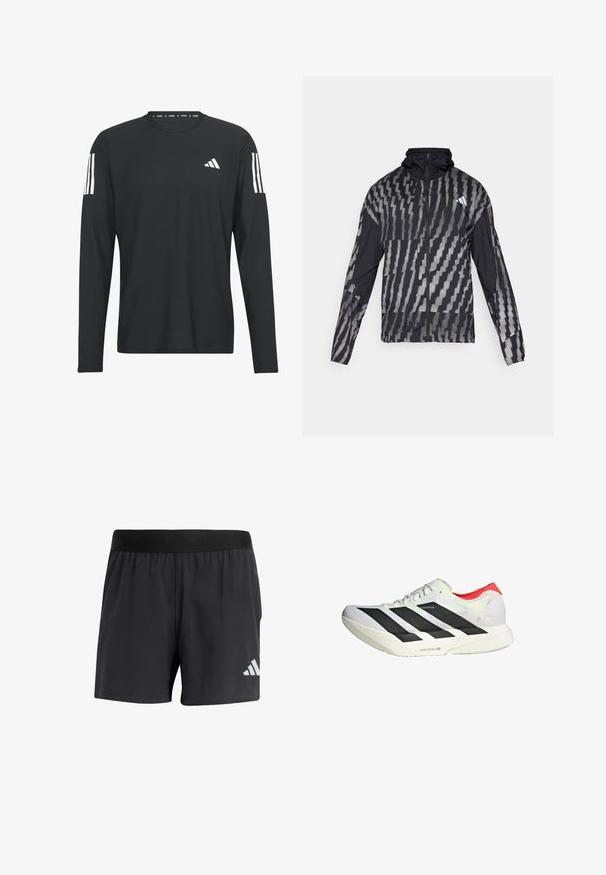 Lichte zwarte jas met een geometrisch wit patroon. Bevat een hoge kraag, volledige rits aan de voorkant en lange mouwen.; Zwarte langslouwen shirt van lichtgewicht stof met een ronde hals, gestructureerd oppervlak en wit drie-strepen logo op de mouwen.; Zwarte sportshorts met een elastische tailleband, voorzien van een gladde textuur en een reflecterende witte logo aan de onderkant aan de linkerkant.; Witte sportschoen met zwarte diagonale strepen, rode accenten op de hiel en een gestructureerde bovenkant; beschikt over LIGHTSTRIKE PRO demping.