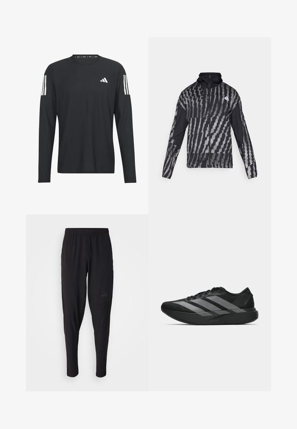 Veste noire légère avec un motif géométrique blanc. Comprend un col haut, une fermeture éclair sur le devant et des manches longues.; Chemise noire à manches longues en tissu léger, dotée d'un col rond, d'une surface texturée, et d'un logo à trois bandes blanches sur les manches.; Pantalons de sport noirs avec une taille élastique, design fuselé, poches latérales et détail de logo subtil. Fabriqués en tissu flexible et respirant.; Chaussures de sport noires au design léger, présentant trois rayures grises marquées, une texture lisse et une semelle profilée.