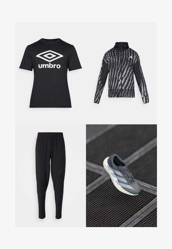 Lettet sort jakke med et geometrisk hvidt mønster. Inkluderer en høj krave, fuld lynlås fortil og lange ærmer.; Sort kortærmet T-shirt lavet af bomuld, med et stort hvidt diamantlogo og teksten "umbro" på forsiden. Klassisk pasform.; Sorte træningsbukser med elastisk talje, tætsiddende design, sidelommer og diskret logo-detail. Fremstillet af fleksibelt, åndbart stof.; Sportssko i grå og hvid, lavet af syntetisk materiale, med et strømlinet design, tekstureret overflade og fremtrædende snøresystem.