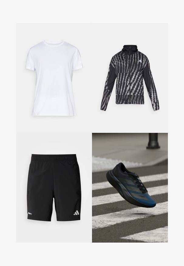 Lightweight black jacket featuring a geometric white pattern. Includes a high collar, full zip front, and long sleeves.; White short-sleeve t-shirt made from lightweight fabric. Features a crew neck and a subtle textured pattern. Logo printed on the sleeve.; Black athletic shorts made of lightweight material, featuring an elastic waistband, side pockets, and a reflective logo on one leg.; Black and blue athletic shoe with a streamlined design, featuring a textured upper, contrasting stripes, and a cushioned sole, hovering over pavement.