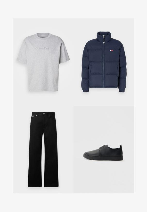 Casaco puffer azul-marinho com colarinho alto, fecho de zip e padrão de acolchoado horizontal. Apresenta um pequeno emblema em vermelho, branco e azul.; T-shirt de algodão cinza com mangas curtas, apresentando uma gola redonda e um logo bordado "Calvin Klein" na parte da frente numa cor subtil.; Calças de ganga pretas com um design de pernas largas, apresentando cinco bolsos e fechos metálicos. Textura suave, sem padrões visíveis.; Sapatilha de couro preta com um acabamento liso, bico arredondado, costura ton sur ton, frente com atacadores e sola plana de borracha. Alça no calcanhar.