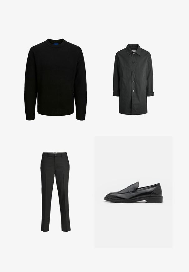 Trench coat negru, ușor, cu un front cu nasturi, guler clasic și buzunare laterale. Are o croială dreaptă și manșete ajustabile.; Pulover negru din tricot, cu guler rotund, mâneci lungi și detalii ribb la guler și la margine. Textură moale, potrivire casuală.; Pantaloni negri, croi ajustat, material neted, talie medie, închidere frontală cu nasture, buzunare diagonale și detalii cu pliuri pe picioare.; Pantofofi din piele neagră cu un finisaj neted, având vârful rotunjit și o bandă îngustă pe partea superioară. Toc mic, stratificat.