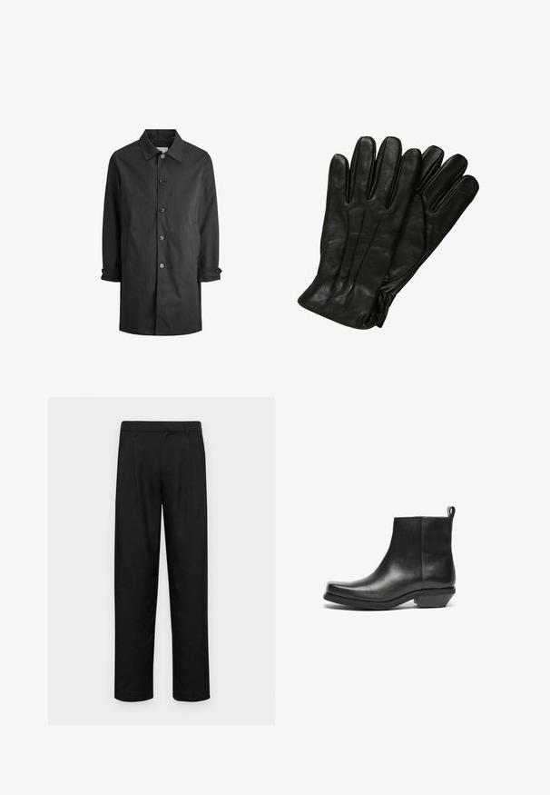 Black, lightweight trench coat with a buttoned front, classic collar, and side pockets. Features a straight cut and adjustable cuff tabs.; White short-sleeve t-shirt made of soft fabric. Round neckline, relaxed fit, and simple design without embellishments or patterns.; Black trousers made of smooth fabric, featuring a straight-leg design, two front pleats, and standard waistband with belt loops.; Black leather ankle boots with a tapered toe and low block heel. Sleek design with a smooth texture and pull tab for easy wear.; Black leather gloves with a smooth texture, five fingers, and subtle stitching details. Classic design, suitable for cold weather use.