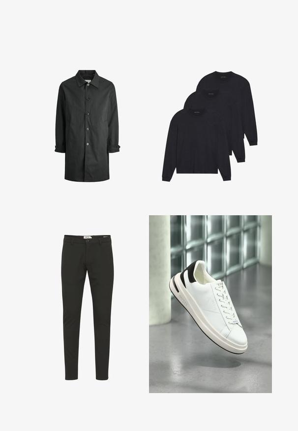 Schwarzer, leichter Trenchcoat mit durchgeknöpftem Frontbereich, klassischem Kragen und seitlichen Taschen. Verfügt über einen geraden Schnitt und verstellbare Manschettenriegel.; Drei schwarze Langarmshirts aus weichem Stoff, mit Rundhalsausschnitten und eng anliegenden Ärmeln. Minimalistisches Design ohne sichtbare Muster.; Schwarze Slim-Fit-Hosen aus glattem Material mit Knopfverschluss, Gürtelschlaufen, vorderen Taschen und einem klaren, minimalistischen Design.; Weiße Leder-Sneaker mit schwarzen Akzenten, flacher Schnürung und strukturiertem Sohlenprofil. Mit "GUESS"-Logo an der Seite und auf der Zunge.