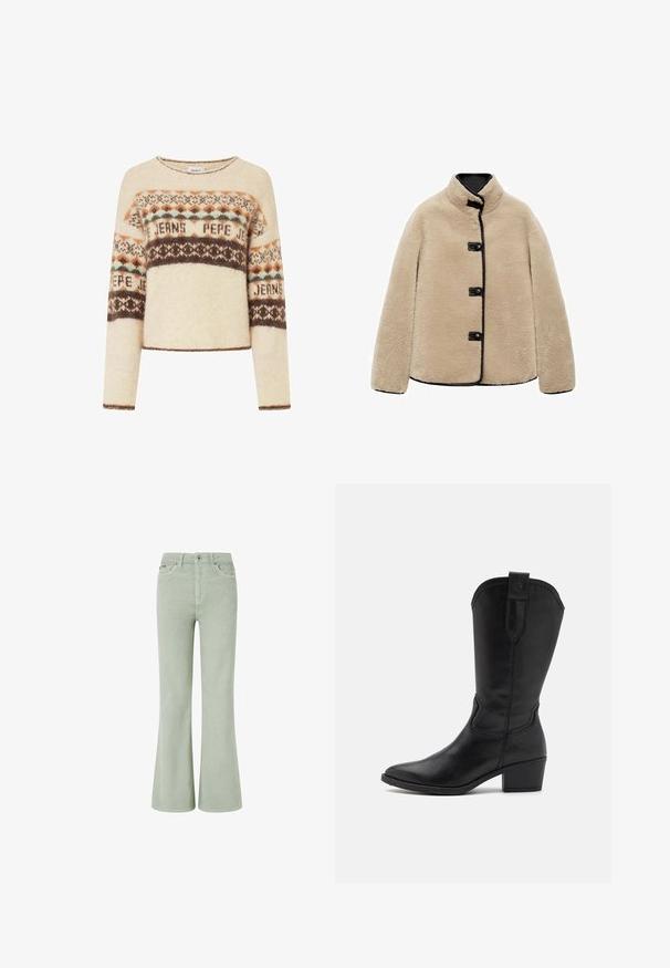 Beige kabát z umělé kožešiny s vysokým límcem, černým lemem a čtyřmi černými knoflíky. Má boxovitý tvar a měkký, texturovaný povrch.; Světle krémový svetr s dlouhými rukávy, zdobený geometrickým pleteným vzorem v hnědé, oranžové a tyrkysové barvě. Kulatý výstřih a krátký střih.; Zelené kordové zvonové džíny s středně vysokým pasem, předními kapsami, zapínáním na knoflík a jemnou texturou.; Černá kožená kovbojská bota s špičatou špičkou, výškou nad kotníky a s naskládaným podpatkem. Má ozdobné prošívání a poutko na snadné obutí.