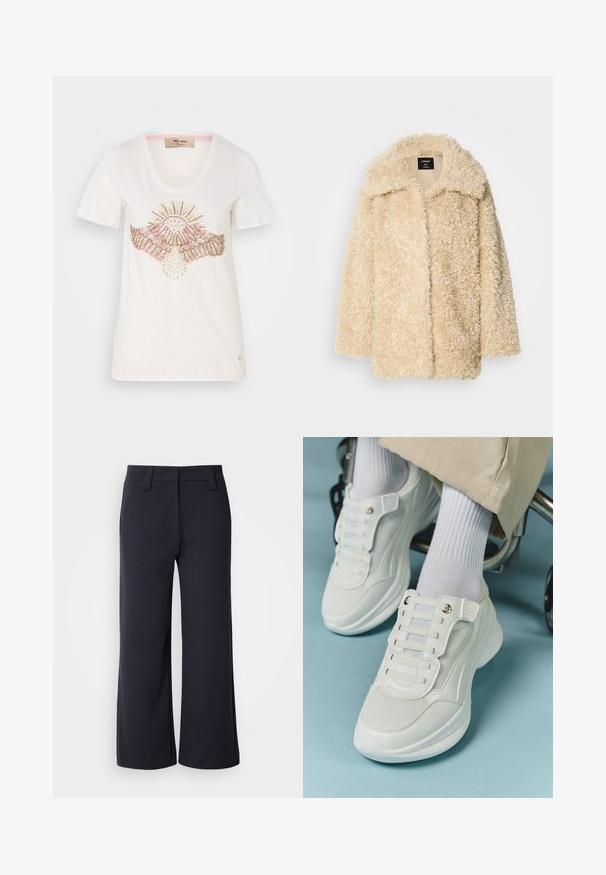 Púderbarna, bolyhos kabát nagy gallérral és nyitott elülső résszel, puha tapintással és laza szabással, alkalmas mindennapi viseletre.; Fehér, rövid ujjú póló, kerek nyakkal, díszített nap és szárnyak mintával, rózsaszín és fémporozott részletekkel, puha anyagból készült.; Sötét navy színű, bő szárú nadrág. Lapos elülső rész, övhurkok és oldalsó zsebek jellemzik. Az anyag sima, enyhe rugalmassággal rendelkezik.; Fehér sportcipők, amelyek hálós anyagból készültek, gumitalpúak, fűző nélküli kialakítással, rugalmas pántokkal és arany színű kiegészítőkkel rendelkeznek.