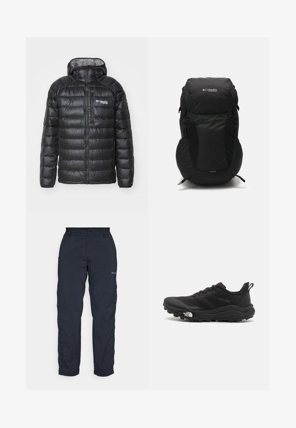 Fekete pufferezett kabát cipzáras elülső résszel, kapucnival, steppelt textúrával és Columbia logóval a mellkasán. Ellentétes mintázatú anyaggal bélelt.; Fekete, rövid ujjú póló, könnyű anyagból készült. Bal mellen egy kis fehér logó található, és finom vállrész kiemelések.; Columbia WANOGA™ PRO VENT PANT - Szabadtéri nadrágok - black; Fekete terepfutó cipő, textúrált felső résszel, gumitalppal és megerősített lábujjrészével. Párnázott bokarésszel és húzófüllel rendelkezik a könnyű felhúzáshoz.; Fekete hátizsák lekerekített tetejével, tartós anyagból készült. Oldalsó hálós zsebekkel és esővédő címkével rendelkezik az alján.