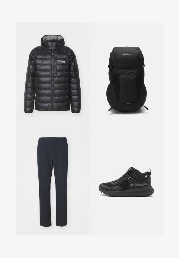 Čierna prešívaná bunda s predným zipsom, kapucňou, prešívanou textúrou a logom Columbia na hrudi. Podšívka z kontrastného vzorovaného materiálu.; Čierne tričko s krátkym rukávom vyrobené z ľahkej tkaniny. Obsahuje malé biele logo na ľavej hrudi a jemné akcenty na pleciach.; Námornícke modré nohavice vyrobené z textúrovaného materiálu. Obsahujú strih s rovnými nohavicami, predné vrecká a zips so zapínaním na gombík.; Čierne turistické topánky s mesh vrchnou časťou, textúrovanými akcentmi, polstrovanou podrážkou a výrazným logom. Obsahujú bezpečný systém šnurovania a pútko.; Čierny batoh s guľatým vrchom, vyrobený z odolnej tkaniny. Má bočné sieťované vrecká a označenie pre dáždnik na spodnej strane.