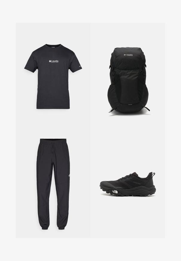 Černá péřová bunda se zipem vpředu, kapucí, prošívanou texturou a logem Columbia na hrudi. Podšívka z kontrastního vzorovaného materiálu.; Columbia BASIC LOGO™ SHORT SLEEVE - Triko s potiskem - black; Černé sportovní kalhoty vyrobené z lehké tkaniny, s páskem na šňůrku, bočními kapsami a zúženými manžetami na kotnících.; Černé trailové běžecké boty s texturovaným svrškem, gumovou podrážkou a vyztuženou špičkou. Obsahují polstrovaný límec a poutko pro snadné obouvání.; Černý batoh s kulatým vrškem, vyrobený z odolné tkaniny. Má boční síťované kapsy a štítek s ochranným obalem proti dešti na spodní straně.