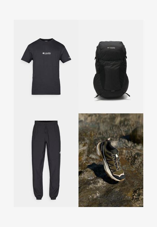 Melna pūkaina jaka ar rāvējslēdzēju priekšā, kapuci, pāršūtu tekstūru un Columbia logo uz krūškurvja. Oderēta ar kontrastējošu rakstainu materiālu.; Columbia BASIC LOGO™ SHORT SLEEVE - Apdrukāts T-krekls - black; Melni sporta bikses, kas izgatavotas no viegla auduma, ar savelcamu jostu, sānu kabatām un sašaurinātiem apakšējiem galiem pie potītēm.; Tūrisma apavi olīvzaļā un melnā krāsā ar rozā akcentiem. Iespējas ietver teksturētu virsu, elastīgu zoli, pastiprinātu purngalu un krāsainu šņorējuma sistēmu.; Melnā mugursoma ar noapaļotu augšdaļu, izgatavota no izturīgas auduma. Tai ir sānu acs kabatas un lietus aizsargapvalks apakšā.
