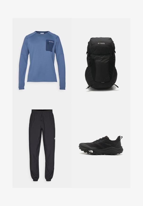 Melna pūkaina jaka ar rāvējslēdzēju priekšā, kapuci, pāršūtu tekstūru un Columbia logo uz krūškurvja. Oderēta ar kontrastējošu rakstainu materiālu.; Columbia COLUMBIA TECH™ LONG SLEEVE CREW - Tops ar garām piedurknēm - collegiate navy; Melni sporta bikses, kas izgatavotas no viegla auduma, ar savelcamu jostu, sānu kabatām un sašaurinātiem apakšējiem galiem pie potītēm.; Melnas taku skriešanas kurpes ar teksturētu virsu, gumijas zoli un pastiprinātu pirkstu daļu. Aprīkotas ar mīkstu apkakli un vilkšanas cilpu, lai viegli uzvilktu.; Melnā mugursoma ar noapaļotu augšdaļu, izgatavota no izturīgas auduma. Tai ir sānu acs kabatas un lietus aizsargapvalks apakšā.