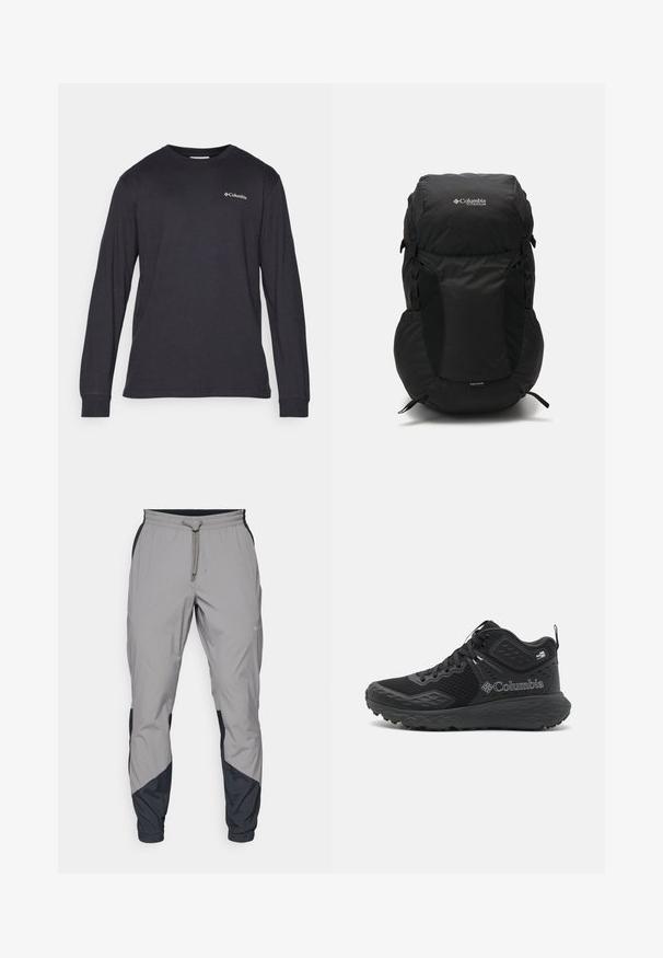 Černá péřová bunda se zipem vpředu, kapucí, prošívanou texturou a logem Columbia na hrudi. Podšívka z kontrastního vzorovaného materiálu.; Dlouhá rukávová košile v tmavě šedé bavlně, s kulatým výstřihem a jemným logem na levé náprsní části, s manžetami na rukávech.; Lehké šedé sportovní kalhoty s černými detaily. Elastický pas, stahovací šňůrka, tapered nohavice a boční kapsy.; Černé turistické boty s mesh vrchní částí, texturovanými akcenty, polstrovanou podrážkou a výrazným logem. Obsahují bezpečný šněrovací systém a poutko pro snadné obouvání.; Černý batoh s kulatým vrškem, vyrobený z odolné tkaniny. Má boční síťované kapsy a štítek s ochranným obalem proti dešti na spodní straně.