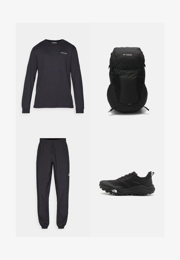 Mustat puffatakki, jossa on vetskari, huppu, tikattu pinta ja Columbian logo rinnassa. Vuorattu erikoispintamateriaalilla.; Pitkähihaine t-paita hiilenvärisestä puuvillasta, jossa on pyöreä pääntie ja hillitty logo vasemmassa rinnassa, sekä räätälöidyt hihansuut.; Mustat urheiluhousut, jotka on valmistettu kevyestä kankaasta. Housuissa on naru vyötäröllä, sivutaskut ja kapenevat hihnat nilkoissa.; Musta maastojuoksukengät, joissa on teksturoitu päällinen, kumipohja ja vahvistettu varvastoppia. Varusteena pehmustettu nilkkakappale ja vetotappi helppoa pukemista varten.; Musta reppu pyöreällä päällä, valmistettu kestävästä kankaasta. Mukana sivuverkko-taskut ja sadeviitta-etiketti alareunassa.