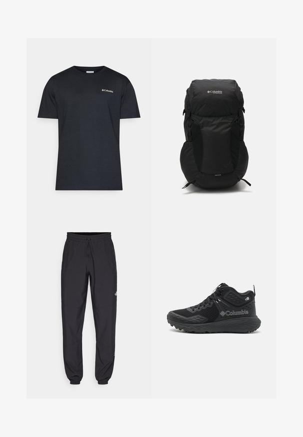 Mustmust mustrein, millede ees luku, kapuutsi, tikitud tekstuur ja Columbia logo rinnal. Vooder on kontrastse mustriga materjaliga.; Columbia NORTH CASCADES™ SHORT SLEEVE TEE - Trükipildiga T-särk - black; Mustavad sportlikud püksid, mis on valmistatud kergest kangast, joonlauaga taljest, küljetaskudega ja kitsenevate varrukatega pahkluude juures.; Mustad matkasussid, millel on võrgust ülemine osa, tekstuursed detailid, pehme tallaga ja silmapaistev logo. Omavad kindlat nööri süsteemi ja tõmbenööri.; Must musta, ümber ringi geomeetrilise pealisega, valmistatud vastupidavast kangast. Omab külgmisi võrkpinke ja vihmakaitse sildiga all.