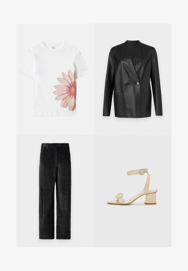 Zwarte leren blazer met een gestructureerd ontwerp, slank kraagje, dubbele knoopsluiting en twee voorzakken. Soepele, matte textuur.; Witte katoenen T-shirt met een grote roze en gouden bloemenafbeelding aan de linkerkant. Korte mouwen en ronde halslijn.; Zwarte, gestructureerde wijde broek met een uitgesproken weefpatroon, met voorplooien en een vlakke tailleband. Klassiek ontwerp voor veelzijdigheid.; Beige hoge hakken sandalen met een minimalistisch ontwerp, voorzien van twee ronde accenten en een chunky hak. Gemaakt van soepel leer.