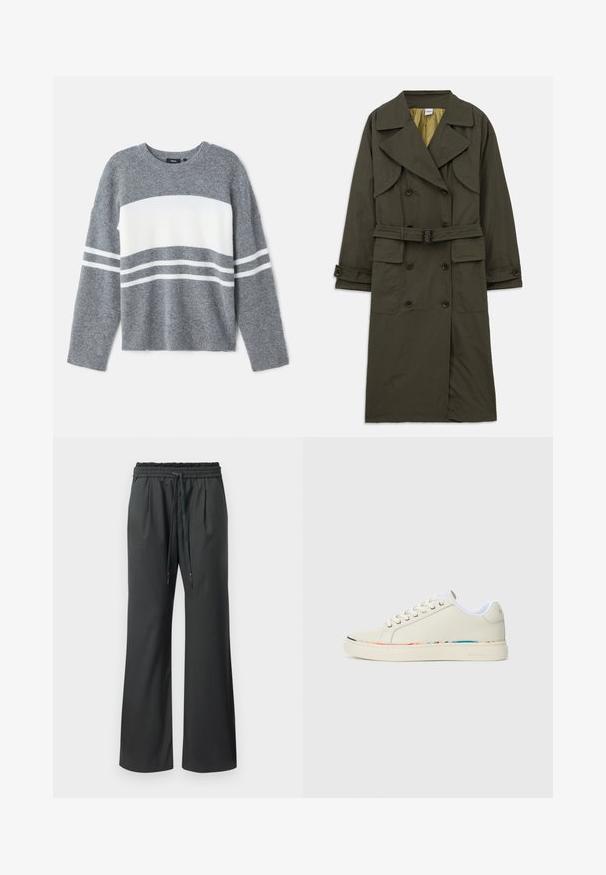 Olivově zelený trenčkot s dvouvrstvým designem, velkými klopami, páskem v pase a bočními kapsami. Vyroben z hladké látky.; Šedý svetr s bílým horizontálním pruhem, vybavený žebrovanými manžetami a kulatým výstřihem. Vyrobeno z měkkého texturovaného materiálu.; Černé kalhoty s širokými nohavicemi, elastickým pasem a dlouhými šňůrkami, vystavené na jednoduchém bílém pozadí.; Nízké tenisky v off-white barvě s šněrováním, bílým vnitřním podšíváním a jemným vícebarevným lemem podél okraje podešve, boční pohled.