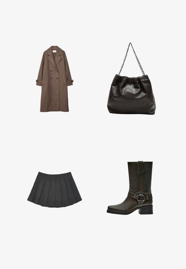 Brun uldblanding dobbeltradet frakke med store klapper, to forlommer og opkrøllede manchetter. Struktur overflade med subtilt mønster.; Brun turtle-neck sweater lavet af blødt stof, med en tætsiddende design, ribbet krave og manchetter, samt en let cropped søm.; Plisseret nederdel i mørkegrå, lavet af et tekstureret stof. Har en svungen silhuet med jævnt fordelt plisseringer og et fladt taljebånd.; Brune læder ankelstøvle med firkantet tå, kort blokhæL, og dekorativ spænde rem med sølvhardware. Glat tekstur, enkelt design.; Brun lædertaske med en rynket top og en kædestrop. Glat tekstur med en blank finish og subtile sømdetaljer på siderne.