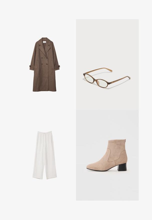 Hnědý kabát z vlněné směsi s dvojitým zapínáním, velkými klopami, dvěma bočními kapsami a ohrnutými manžetami. Texturovaný povrch s jemným vzorem.; Hnědý bavlněný tričko s krátkými rukávy a hlubokým V-výstřihem. Jednoduchý design, měkká textura a rovný lem. Žádné vzory ani akcenty.; Bílé široké kalhoty vyrobené z lehké tkaniny. Mají elastický pas se šňůrkou a boční kapsy. Hladká textura.; Béžové semišové kotníkové boty s zaoblenou špičkou, elastickými bočními panely a blokovým podpatkem s hladkým černým povrchem.; Hnědé želvovinové brýle s oválnými skly, tenkými bočními nohami a průhlednými akcenty. Obsahují decentní logo na stranu. Elegantní, lehký design.; Hnědá nubuková kabelka přes rameno s zakřiveným zlatým uzávěrem a jediným popruhem, obdélníkového tvaru se záklopkou.