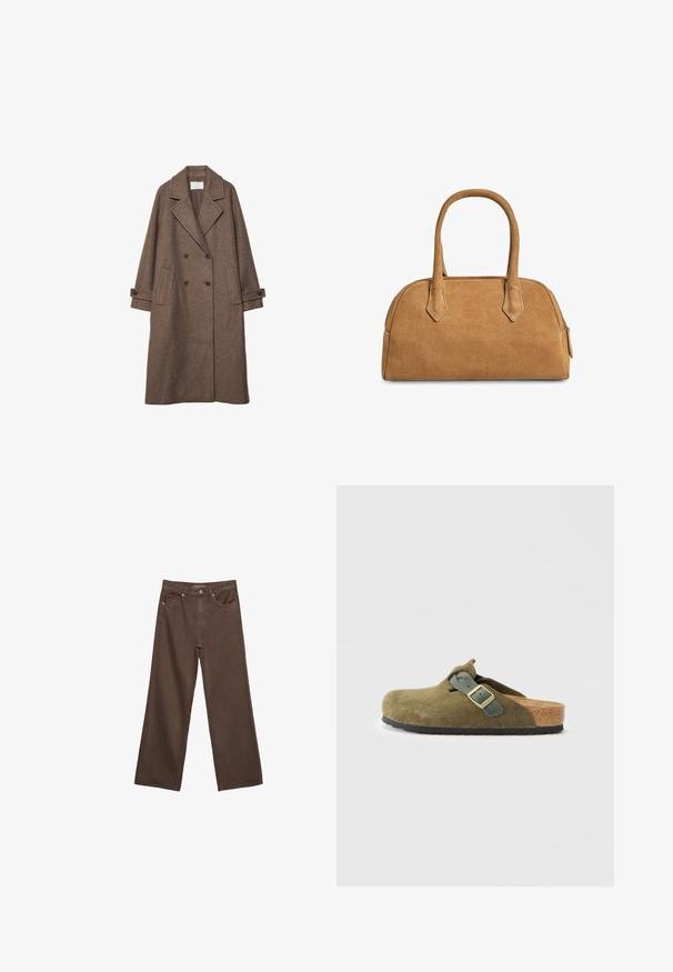 Bruine wollen mengsel dubbelbreasted jas met grote revers, twee voorzakken en opgerolde manchetten. Gekorrelde oppervlakte met subtiel patroon.; Bruine katoenen t-shirt met korte mouwen en een diepe V-hals. Eenvoudig ontwerp, zachte textuur en rechte zoom. Geen patronen of accenten.; Brede bruine spijkerbroek van denim, met een hoge taille, voorzakken en een klassieke knoopsluiting. Soepele textuur met subtiele stiksels.; Olijfgroen suède instapklomp met een kurken voetbed. Voorzien van een gespsluiting en een ronde neus, met een gestructureerde rubberen buitenzool.; Tan leren handtas met een gestructureerde vorm, voorzien van twee handgrepen, driehoekige uitsparingen en een rits aan de bovenkant voor sluiting.