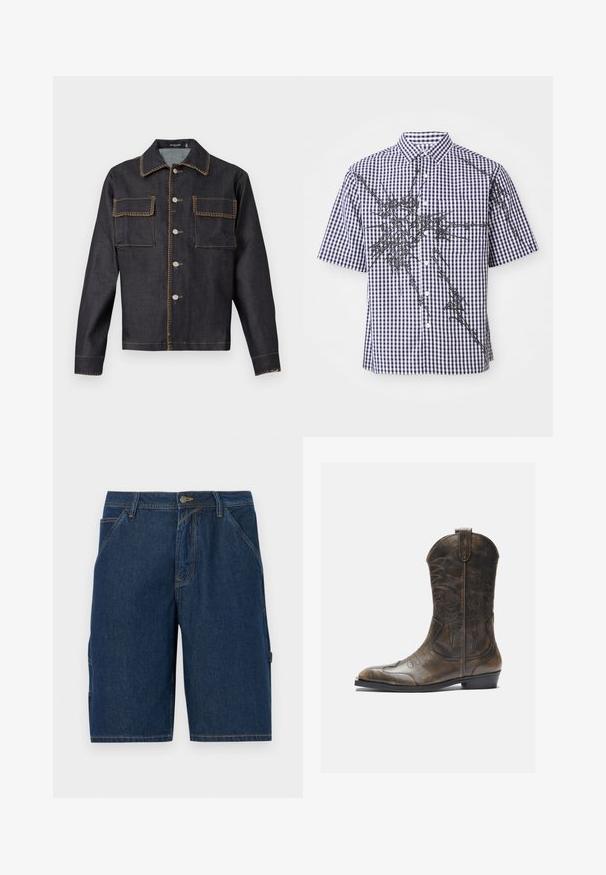 Tumma farkkutakki, jossa on kaulus, kokonaan napitettava etuosa, kaksi rintataskua, erilaiset ompeleet ja pitkät hihat.; Lyhythihainen nappipaida, jossa on tummansininen ja valkoinen ruudullinen kuosi sekä epäsäännölliset mustat abstraktit graafiset viivat edessä ja hihoissa.; Tummansiniset farkkushortsit suorahkolla leikkauksella, joissa on kaksi etutaskua, vyölenkit ja sivutasku läpällä.; Ruskea nahkainen cowboy-saapas, jossa on korkea varsi, terävä kärki, monimutkaiset ompelukuvioinnit ja pieni korko. Pintakuviointi kauttaaltaan.