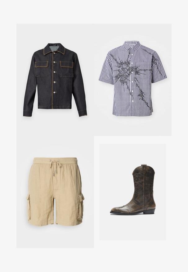Dark denim jacket with a collar, full front button closure, two chest pockets, contrasting stitching, and long sleeves.; Short-sleeve button-up shirt with navy and white gingham pattern and irregular black abstract graphic lines across front and sleeves.; Beige cargo shorts made of lightweight fabric with an elastic waistband and drawstring. Features two side pockets and a textured finish.; Brown leather cowboy boot with a tall shaft, pointed toe, intricate stitching patterns, and a small heel. Textured finish throughout.