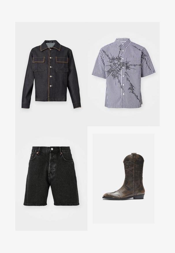 Dunkelblaue Jeansjacke mit Kragen, durchgängiger Knopfleiste, zwei Brusttaschen, kontrastierenden Nähten und langen Ärmeln.; Kurzärmliges Hemd mit Knopfleiste im Marineblau-weißen Karomuster und unregelmäßigen schwarzen abstrakten Grafiklinien auf der Vorderseite und den Ärmeln.; Schwarze Denim-Shorts mit hoher Taille, fünf Taschen-Design, Kupferknöpfen und einem rohen Saum. Der Stoff hat eine leicht strukturierte Oberfläche mit Ausbleichungen.; Braune Leder-Cowboystiefel mit hohem Schaft, spitzem Zehenbereich, aufwendigen Stickmustern und kleinem Absatz. Strukturierte Oberflächenbeschaffenheit.