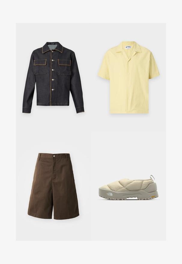 Dark denim jacket with a collar, full front button closure, two chest pockets, contrasting stitching, and long sleeves.; Short-sleeve yellow shirt made of cotton. Features a camp collar, front buttons, and a relaxed shape. Smooth texture and solid color.; Brown cotton shorts with a straight fit, featuring a button closure, belt loops, and no visible patterns or accents.; Quilted beige slip-on shoe with gray Vibram sole, rounded shape, and rear loop. Features logo on side and textured upper surface.