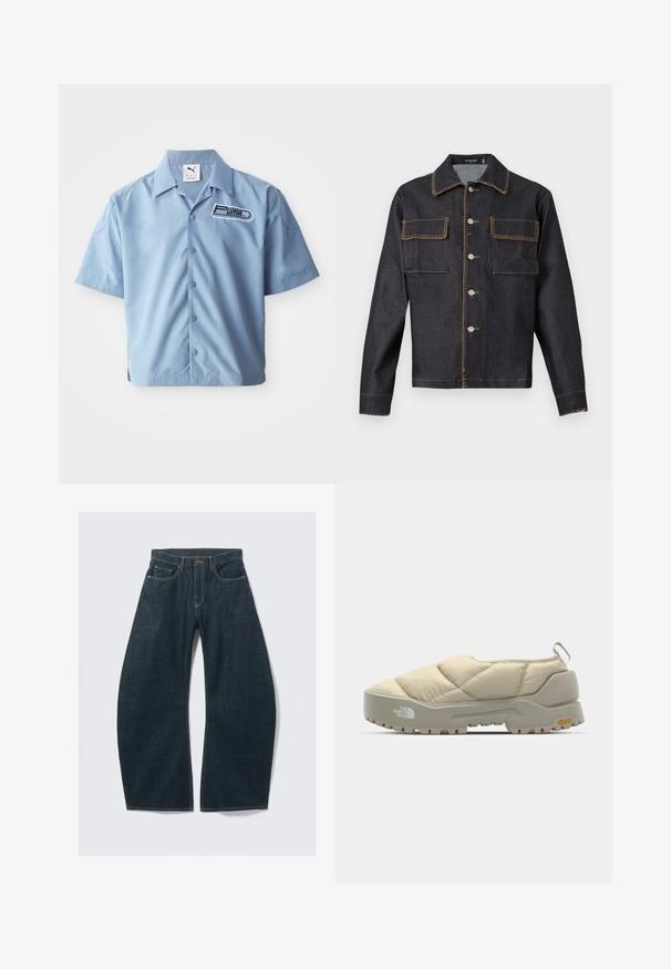 Tmavá džínová bunda s golierom, s plným zapínaním na gombíky vpredu, dvoma náprsními vreckami, kontrastným šitím a dlhými rukávmi.; Svetlomodrá košeľa na gombíky s krátkym rukávom vyrobená z hladkej tkaniny. Na ľavej strane hrude má čierno-bielu nálepku loga Puma. Klasický dizajn goliera.; Tmavomodré džínsy s širokými nohavicami vyrobené z denimu, obsahujúce päť vreciek, viditeľné švy, zapínanie na gombík a čistý vzhľad.; Prešívaná béžová obuv na slip-on so šedou Vibram podrážkou, zaoblený tvar a zadný úchyt. Má logo na boku a textúrovaný horný povrch.